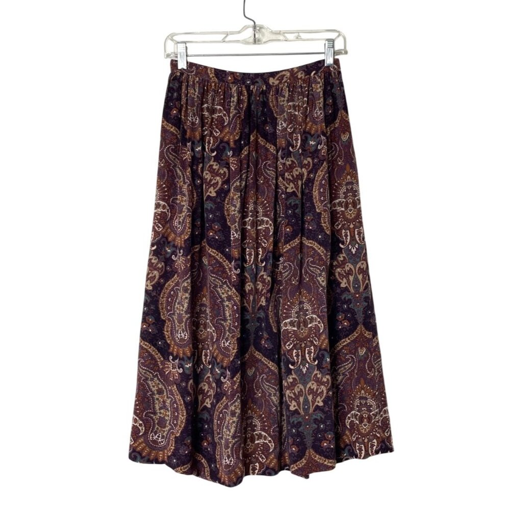 Vintage Ellen Tracy 100% Silk Paisley Midi Skirt Women's Sz 8 Made in Hong Kong